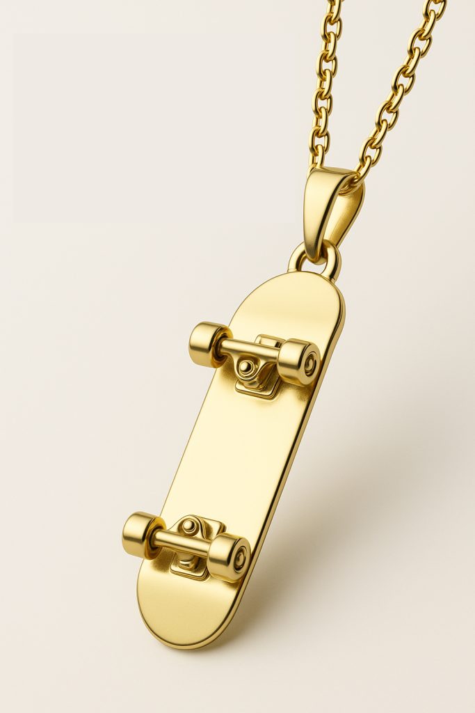 A gold skateboard pendant designed for jewelry services by Giove