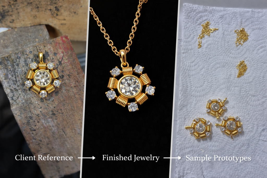 Client reference transformed into finished jewelry and sample prototypes