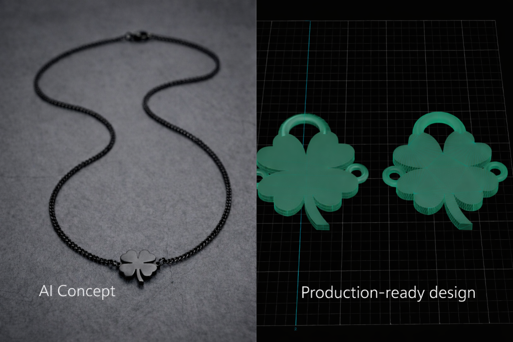 AI-generated jewelry concept transformed into a production-ready CAD design