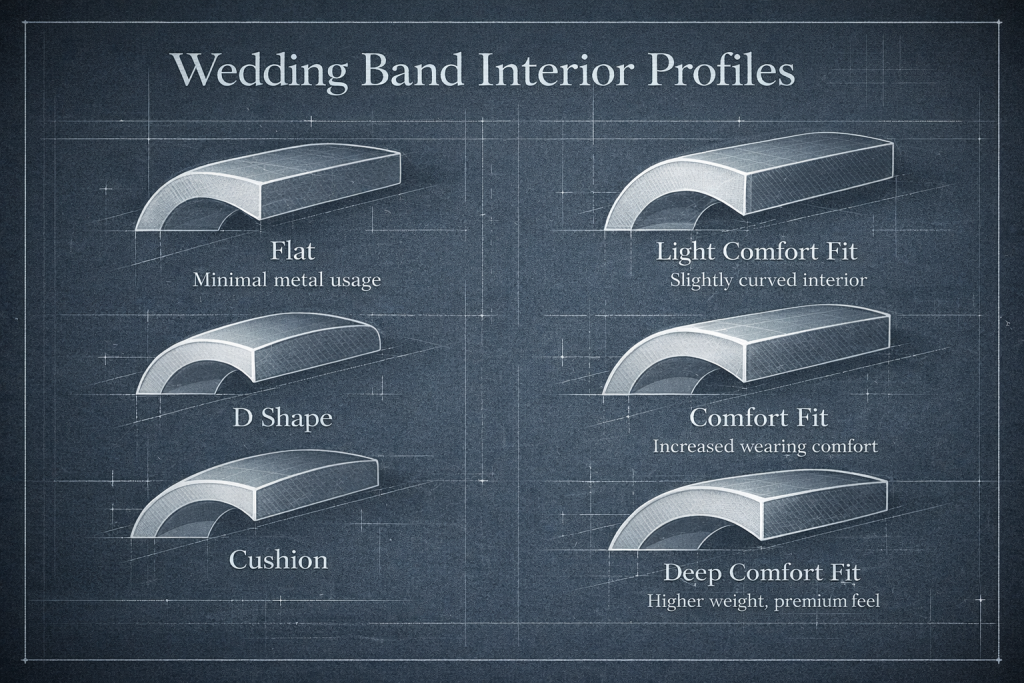 Technical blueprint illustration showing six wedding band interior profiles including flat, D shape, cushion and comfort fit variations used in structural jewelry engineering.
