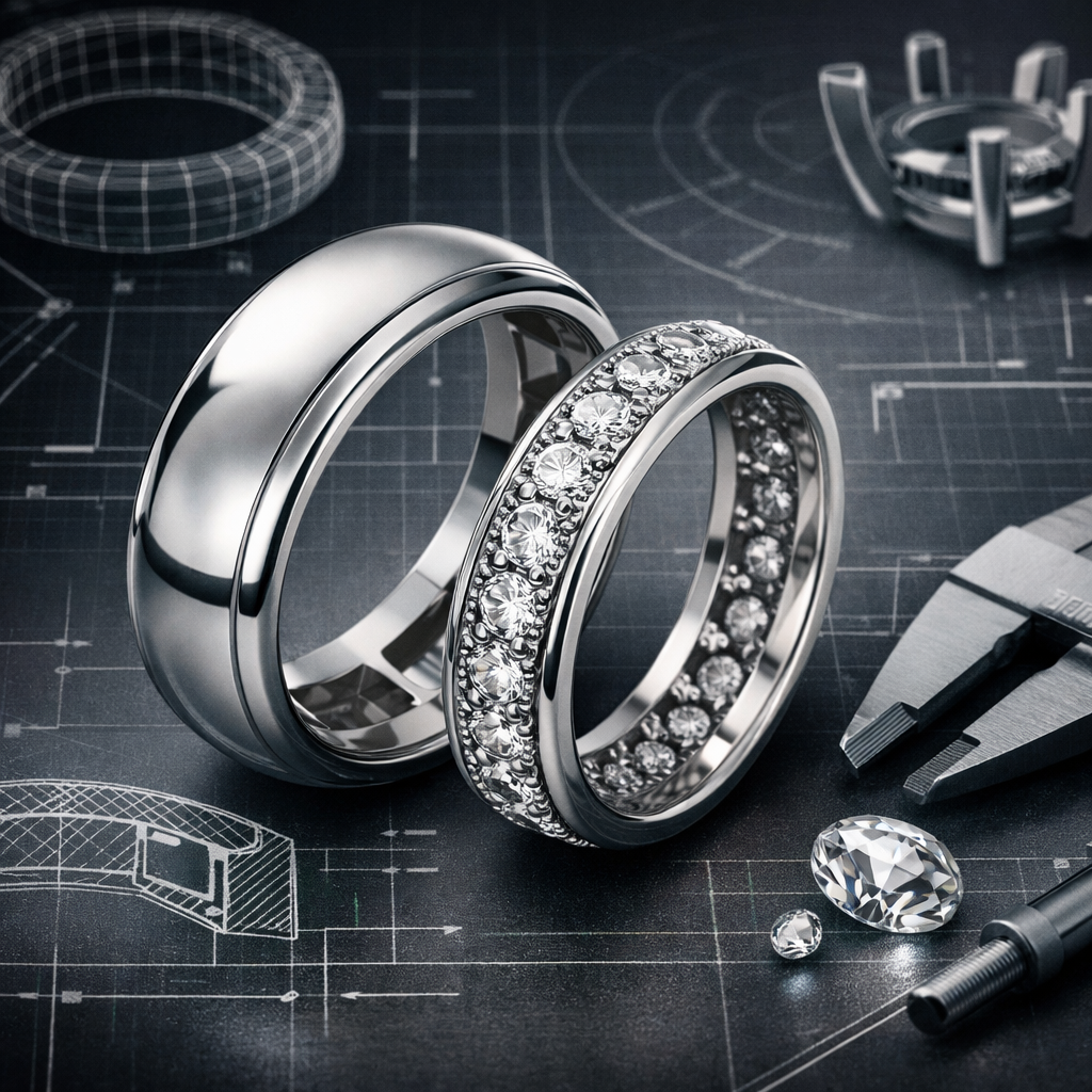 Two engineered wedding bands displayed on a technical blueprint background, showing comfort fit interior structure and stone setting precision in jewelry production.