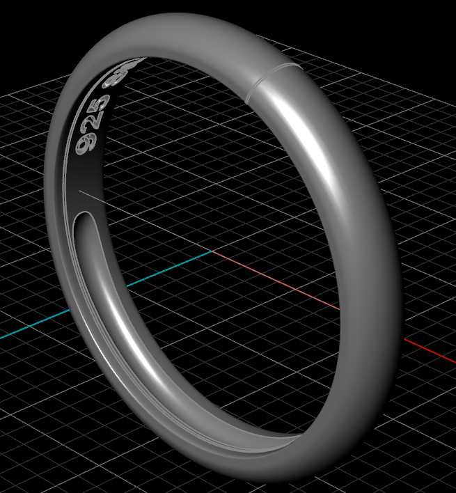 3D CAD model of a wedding band showing interior weight reduction channel designed for structural balance and controlled metal optimization.
