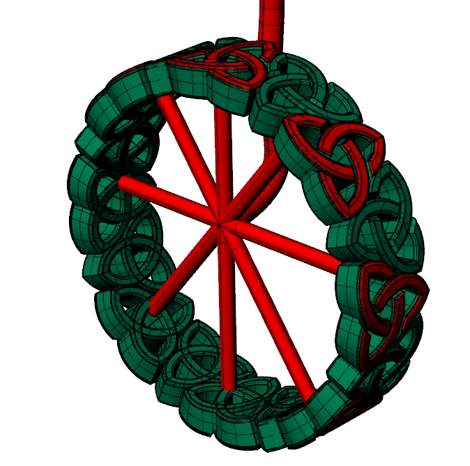 3D CAD model of a patterned wedding band showing repeated textured elements arranged around the ring structure.