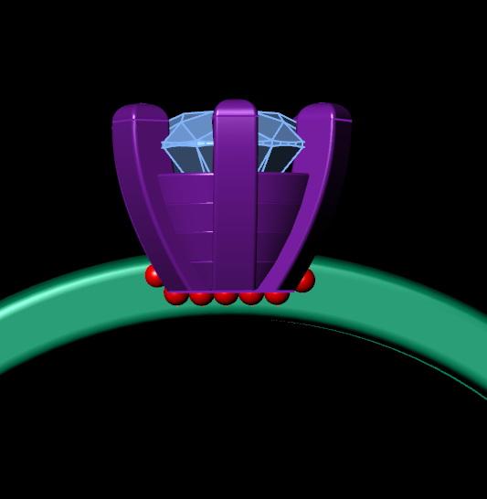 3D CAD model showing diamond stone setting integrated into a wedding band with prong structure and seat planning.